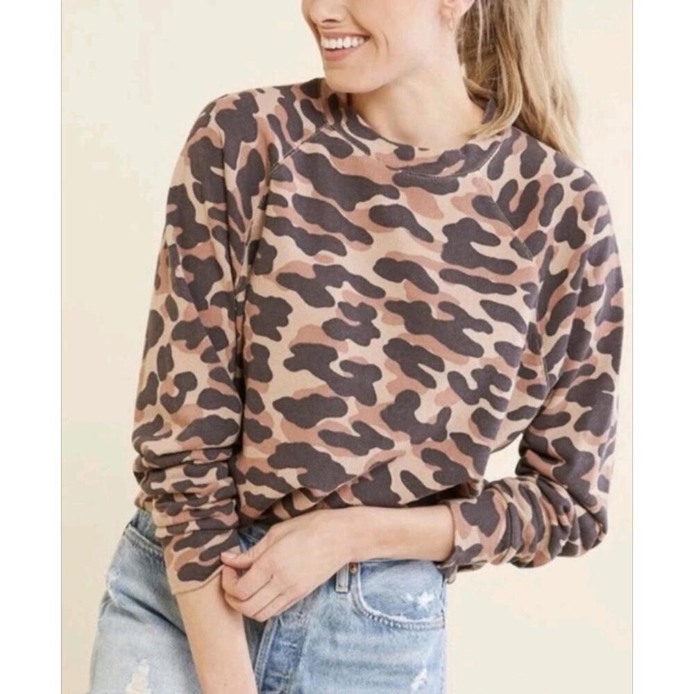 Monrow Spiced Camo Cotton Blend Pullover Sweatshirt Top Casual Size Medium